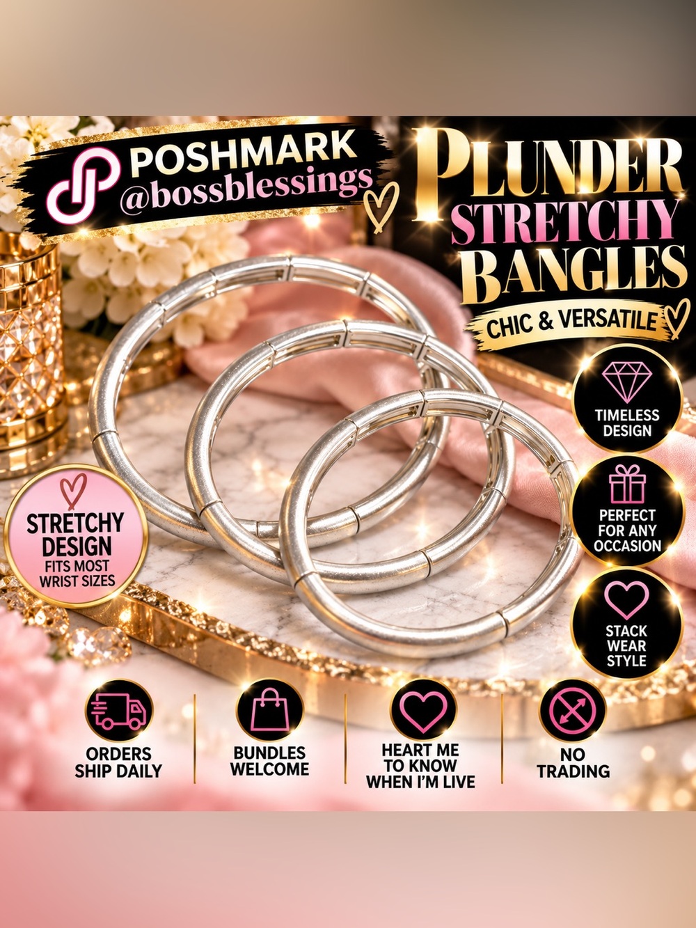 ✨ Plunder Silver Stretchy Bangles | Set of 3 Stackable Bracelets